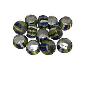 Set of 12 Beaded Napkin Rings Silvertone White Blue Green Stripes